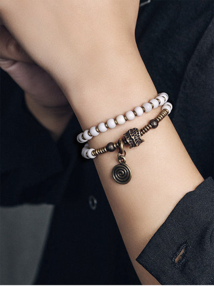 Double-Layer White Deer Bone Buddha Bracelet with Vintage Brass Accents