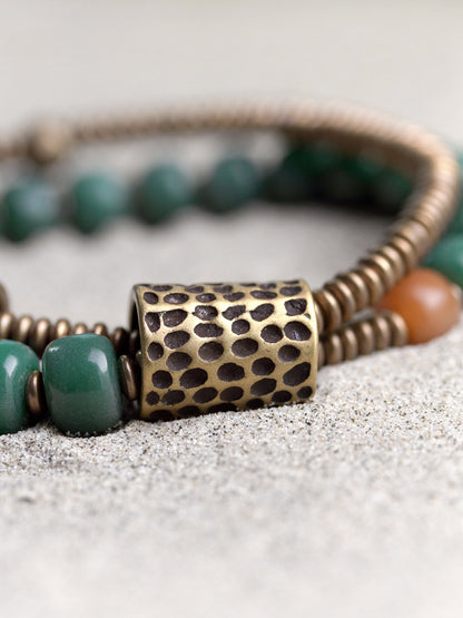 Double-Layer Buddha Bracelet with Green Yinpi Bodhi Beads & Vintage Brass