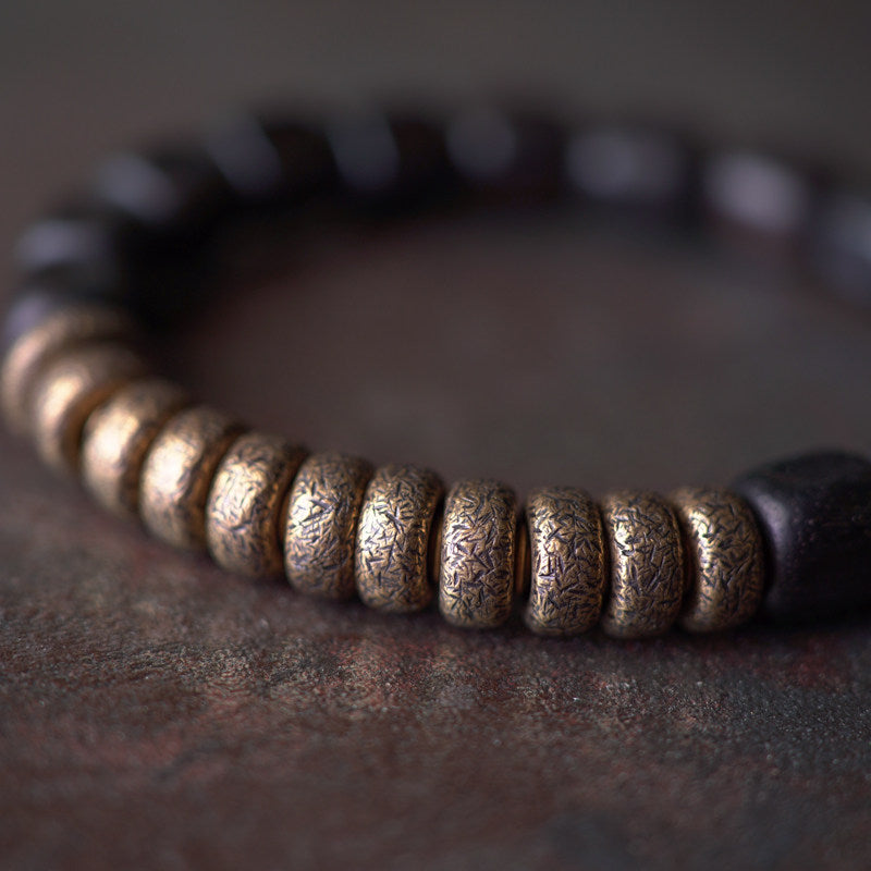 Black Ebony Wood & Textured Vintage Brass 2-Wrap Bracelet with Spike Charm