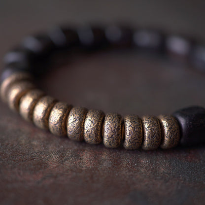 Black Ebony Wood & Textured Vintage Brass 2-Wrap Bracelet with Spike Charm