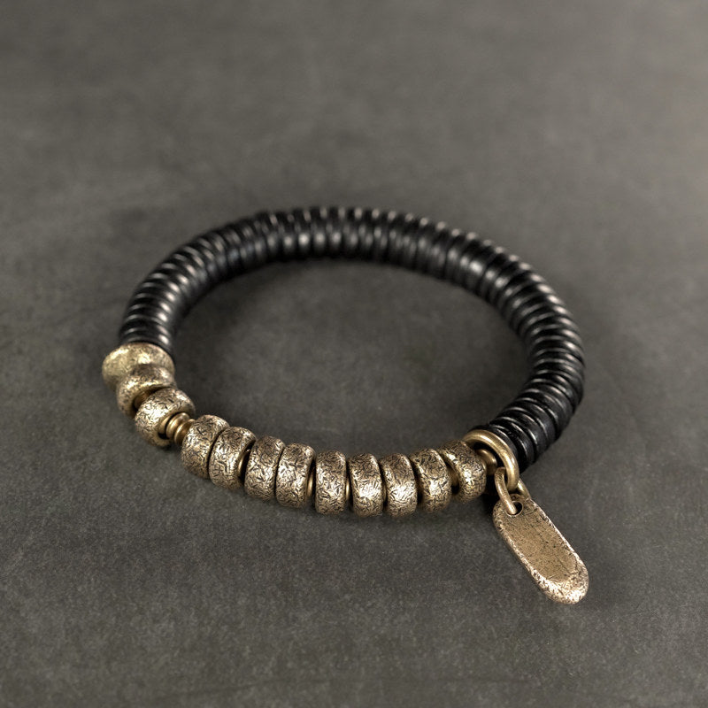 Black Ebony Wood & Textured Vintage Brass Heishi Bracelet (Industrial Style)