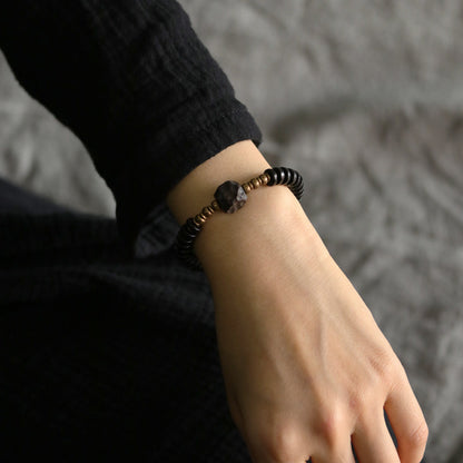 Hand-Hammered Ebony Wood and Vintage Brass Beaded Bracelet