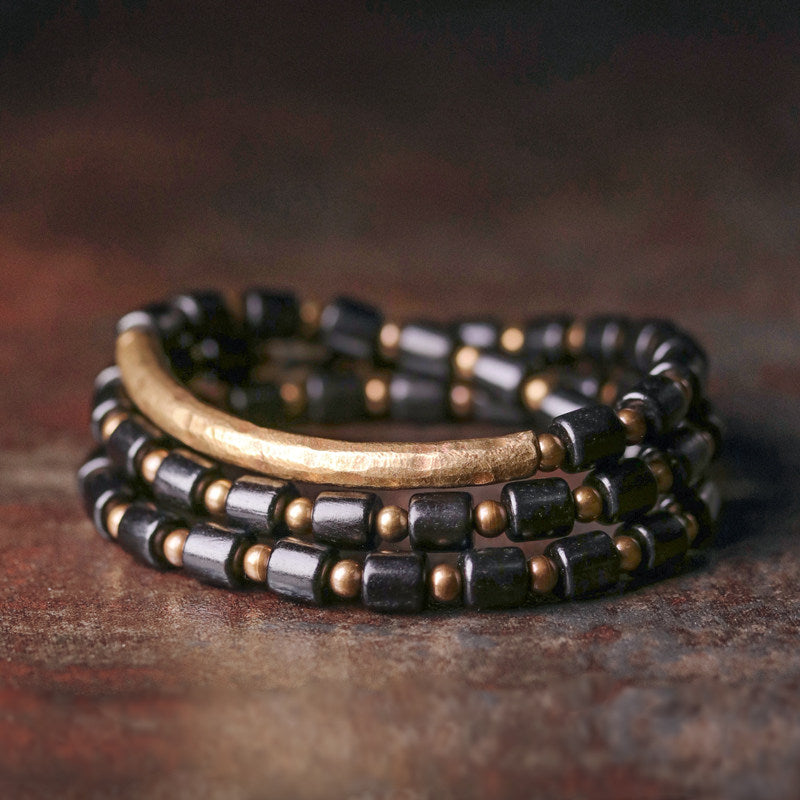 Handmade 3-Wrap Ebony Wooden Bead Bracelet with Antique Hammered Brass