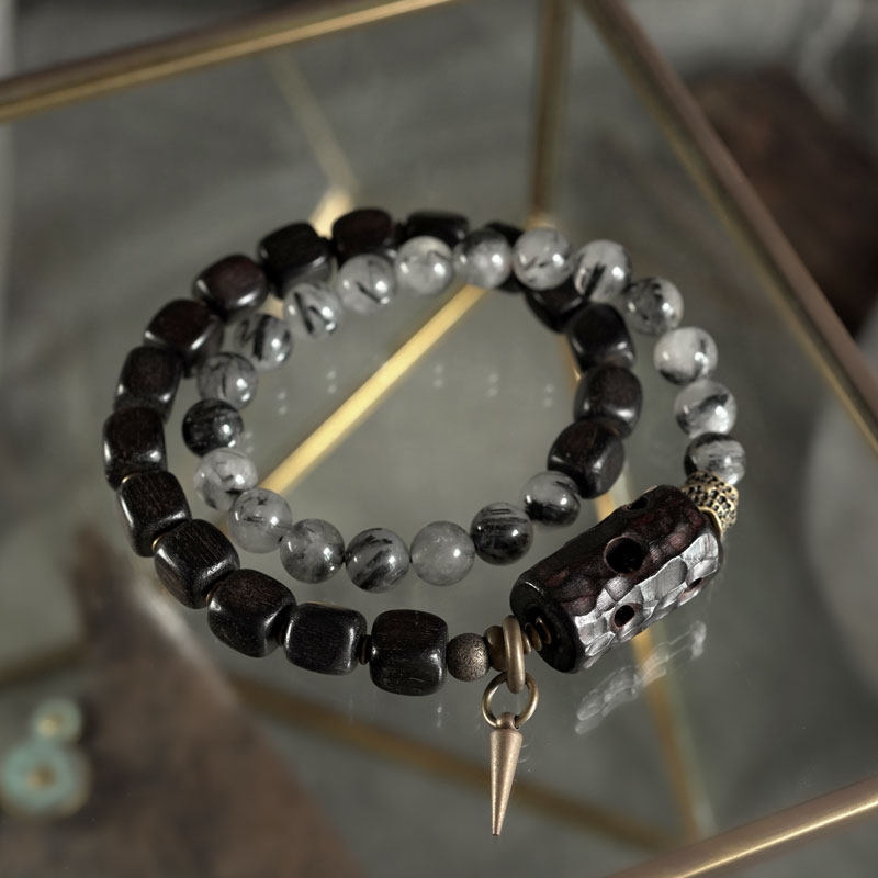 Black Rutilated Quartz & Hand-Carved Ebony Wood Bracelet with Brass Spike (Half & Half Style)