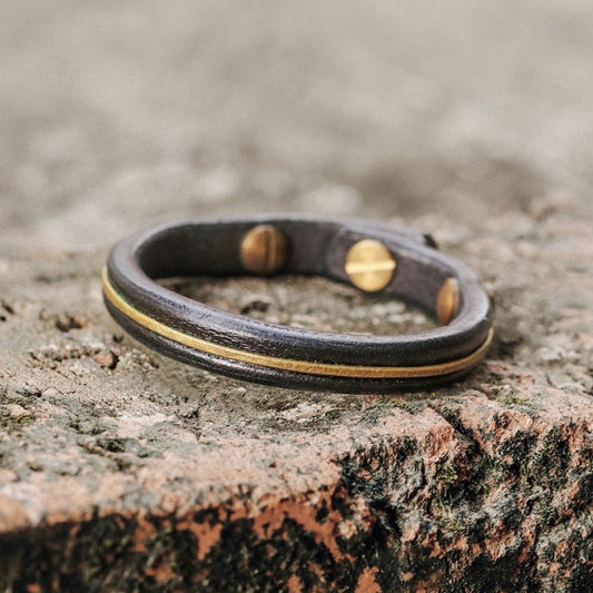 Hand-Dyed Vegetable Tanned Leather and Hammered Brass Bangle Bracelet