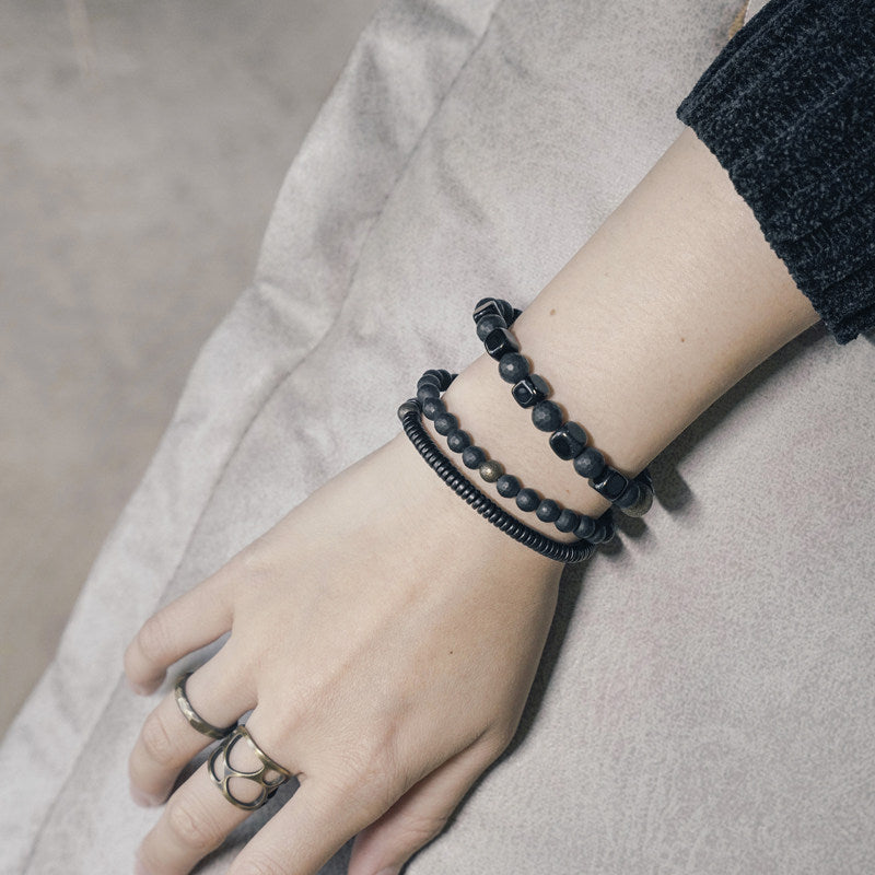Men's Black Agate & Ebony Wood 3-Piece Bracelet Set (Matte & Faceted)