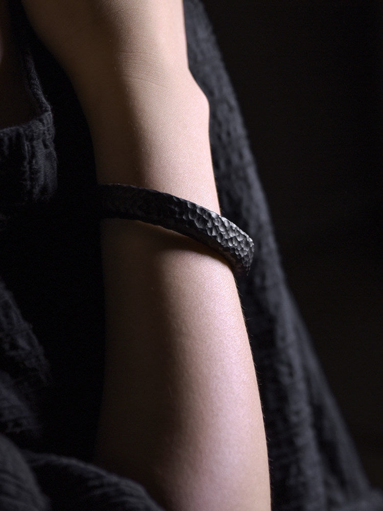 Hand-Carved African Ebony Cuff Bracelet with Meteorite Crater Texture
