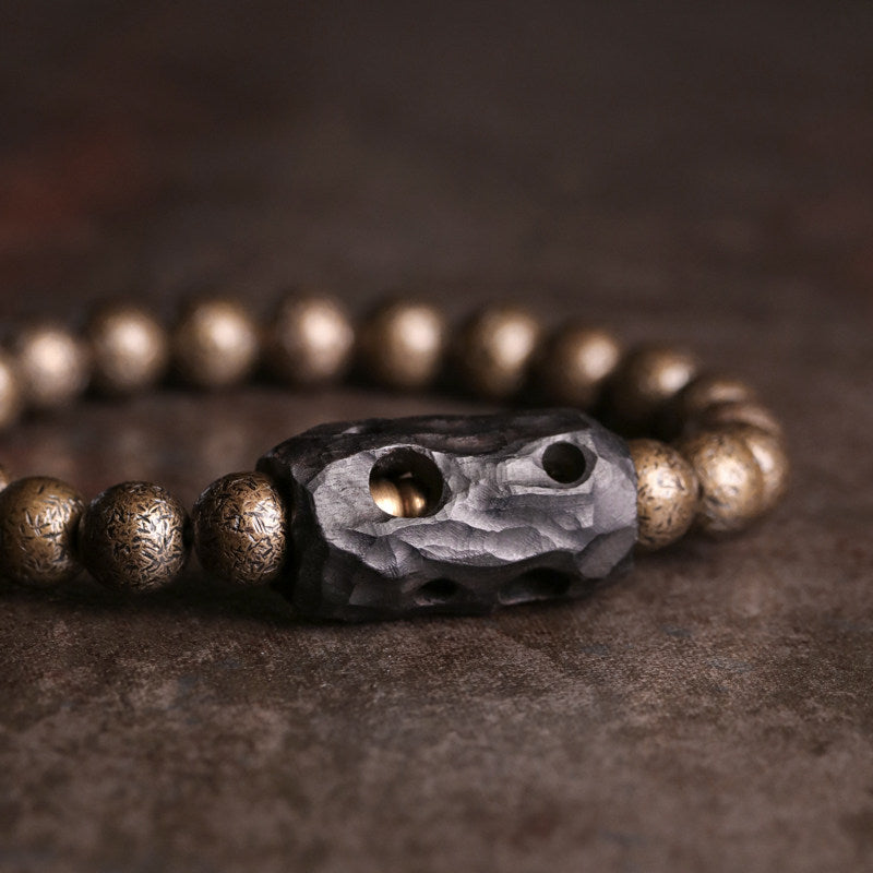 Hand-Carved Ebony and Textured Brass Beaded Bracelet for Men