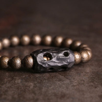 Hand-Carved Ebony and Textured Brass Beaded Bracelet for Men