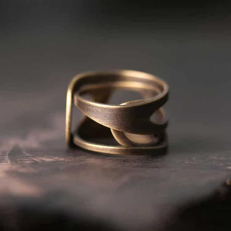 Hand-Forged Antique Brass Abstract Hollow-Out Rings