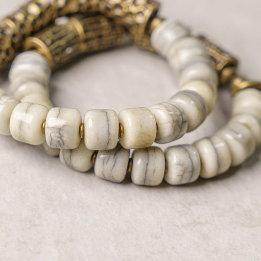 Hand-Carved Ox Bone & Vintage Brass Tube Bracelet (Tibetan Style)