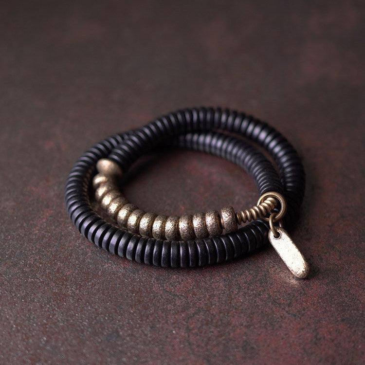 Black Ebony & Textured Vintage Brass 2-Wrap Bracelet (Industrial Style)