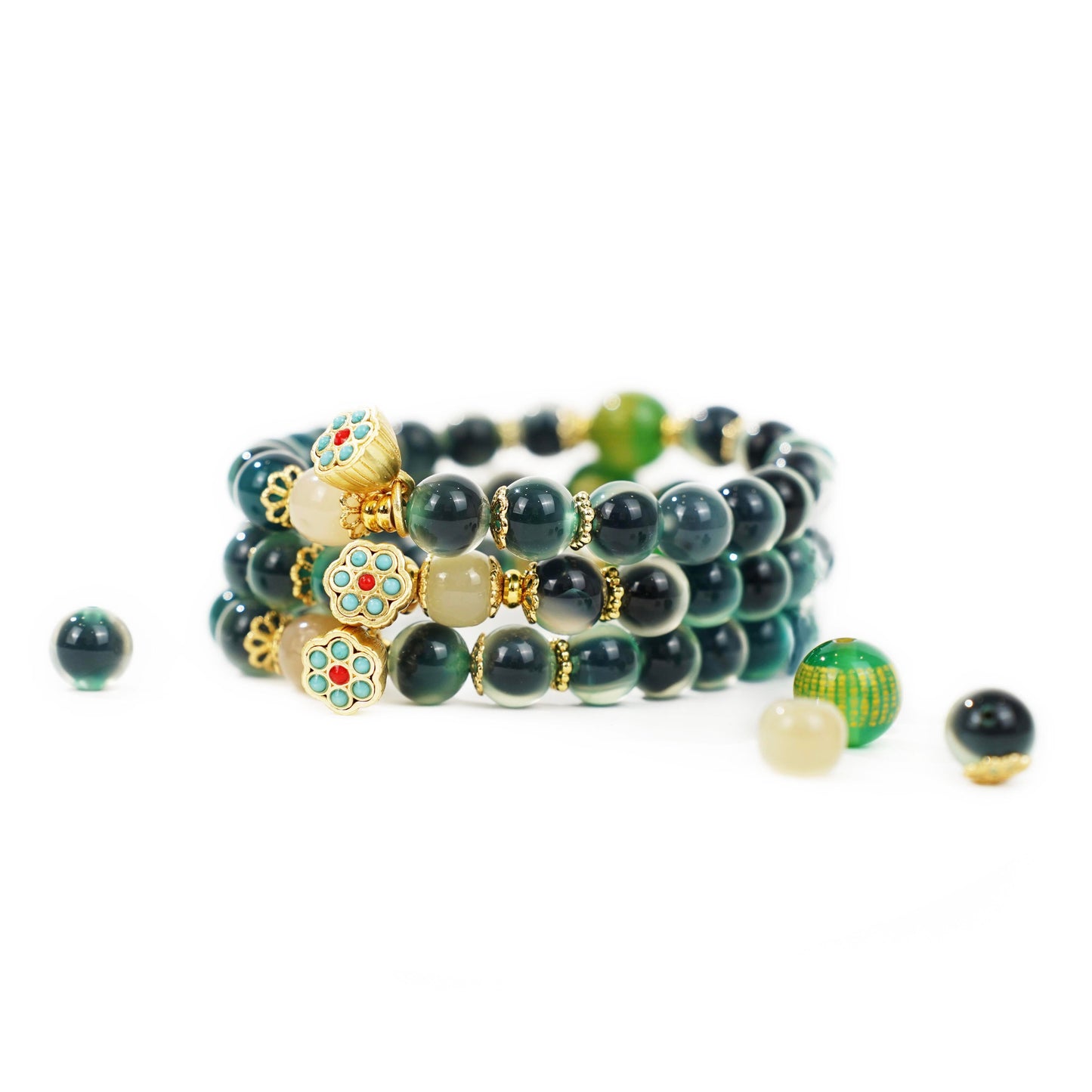 Green Sugar Heart Agate Bracelet with Gold Lotus Pod & Mantra Bead (Dunhuang Style)