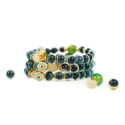 Green Sugar Heart Agate Bracelet with Gold Lotus Pod & Mantra Bead (Dunhuang Style)