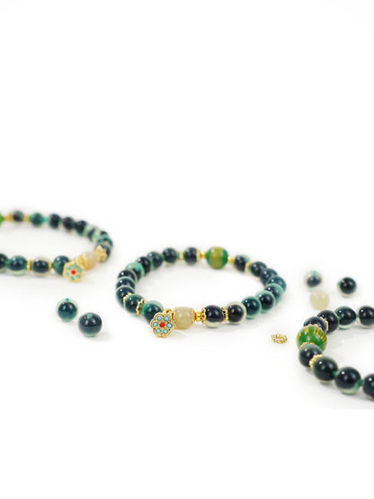 Green Sugar Heart Agate Bracelet with Gold Lotus Pod & Mantra Bead (Dunhuang Style)