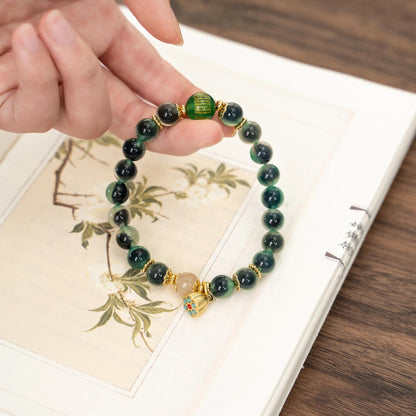 Green Sugar Heart Agate Bracelet with Gold Lotus Pod & Mantra Bead (Dunhuang Style)