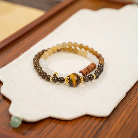 Gradient Hetian Sugar Jade 2-Wrap Bracelet with Gold Tiger's Eye & Sandalwood