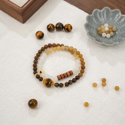 Gradient Hetian Sugar Jade 2-Wrap Bracelet with Gold Tiger's Eye & Sandalwood