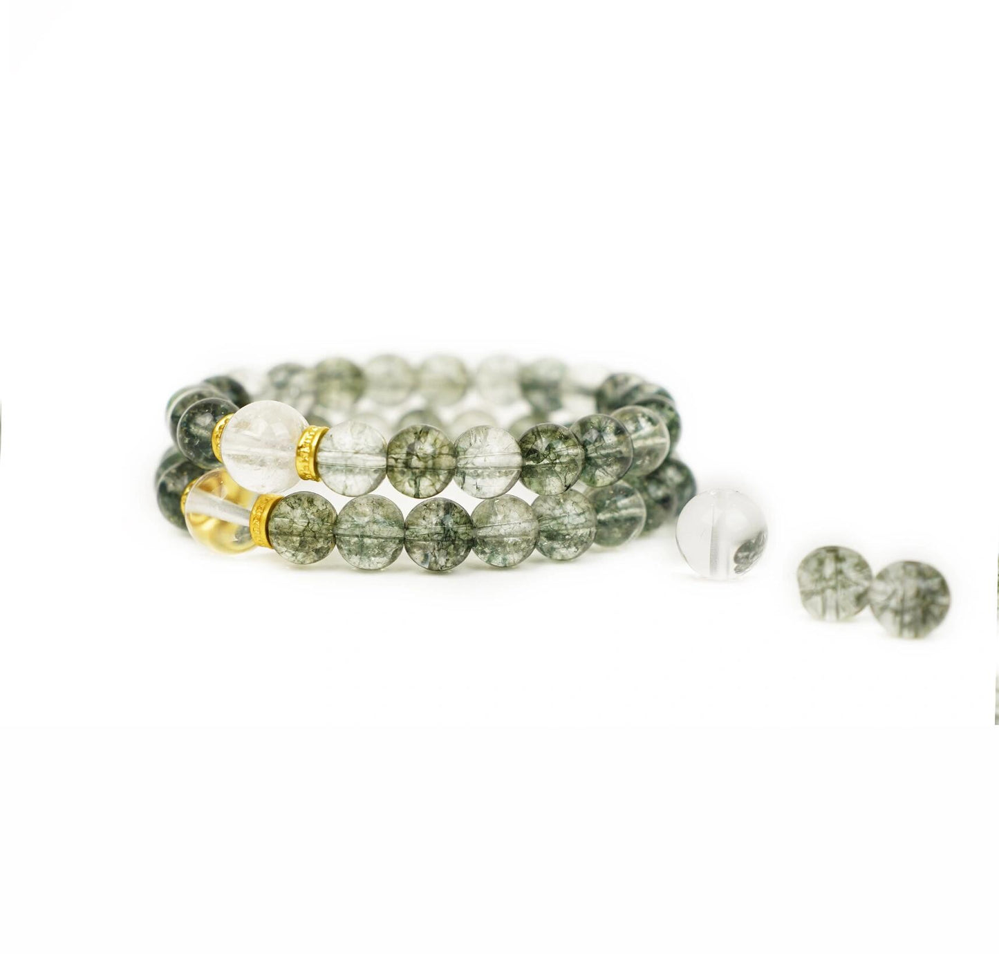 Green Phantom Quartz Bracelet with Clear Quartz & Gold Spacers (Wealth Stone)