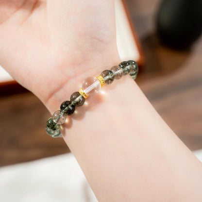 Green Phantom Quartz Bracelet with Clear Quartz & Gold Spacers (Wealth Stone)