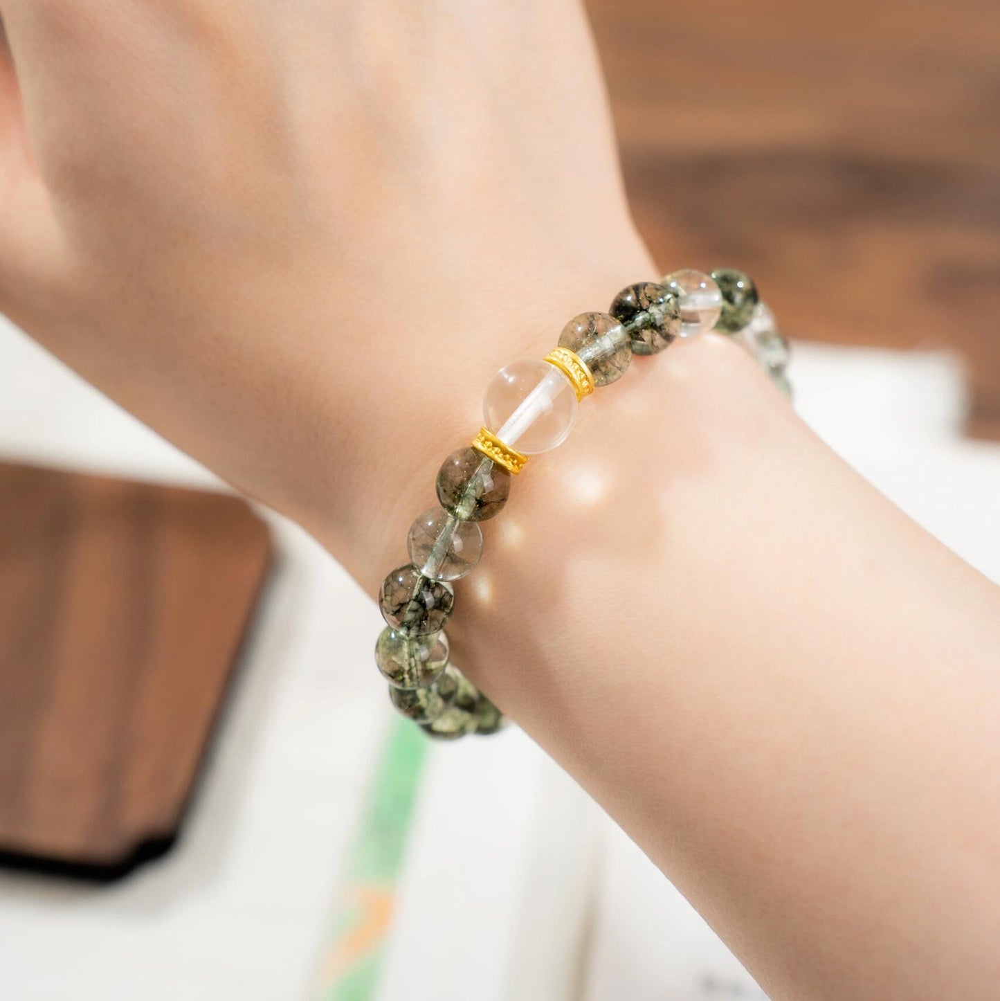 Green Phantom Quartz Bracelet with Clear Quartz & Gold Spacers (Wealth Stone)