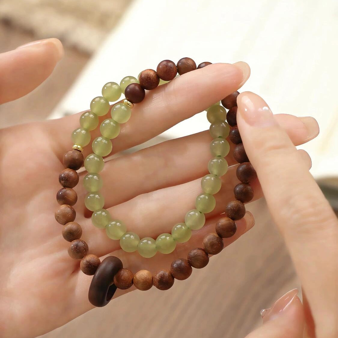 Green Chalcedony & Rosewood 2-Wrap Bracelet with Wooden Donut (Zen Style)