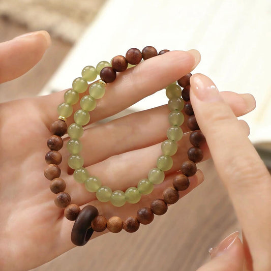 Green Chalcedony & Rosewood 2-Wrap Bracelet with Wooden Donut (Zen Style)