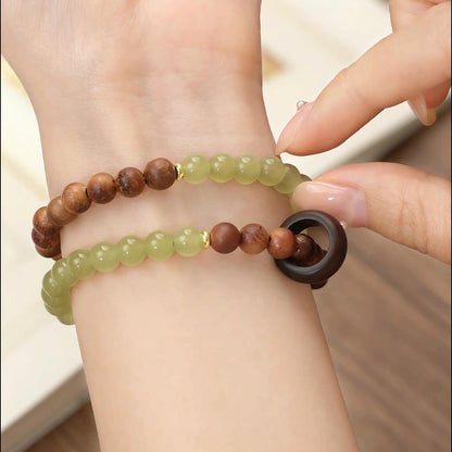 Green Chalcedony & Rosewood 2-Wrap Bracelet with Wooden Donut (Zen Style)