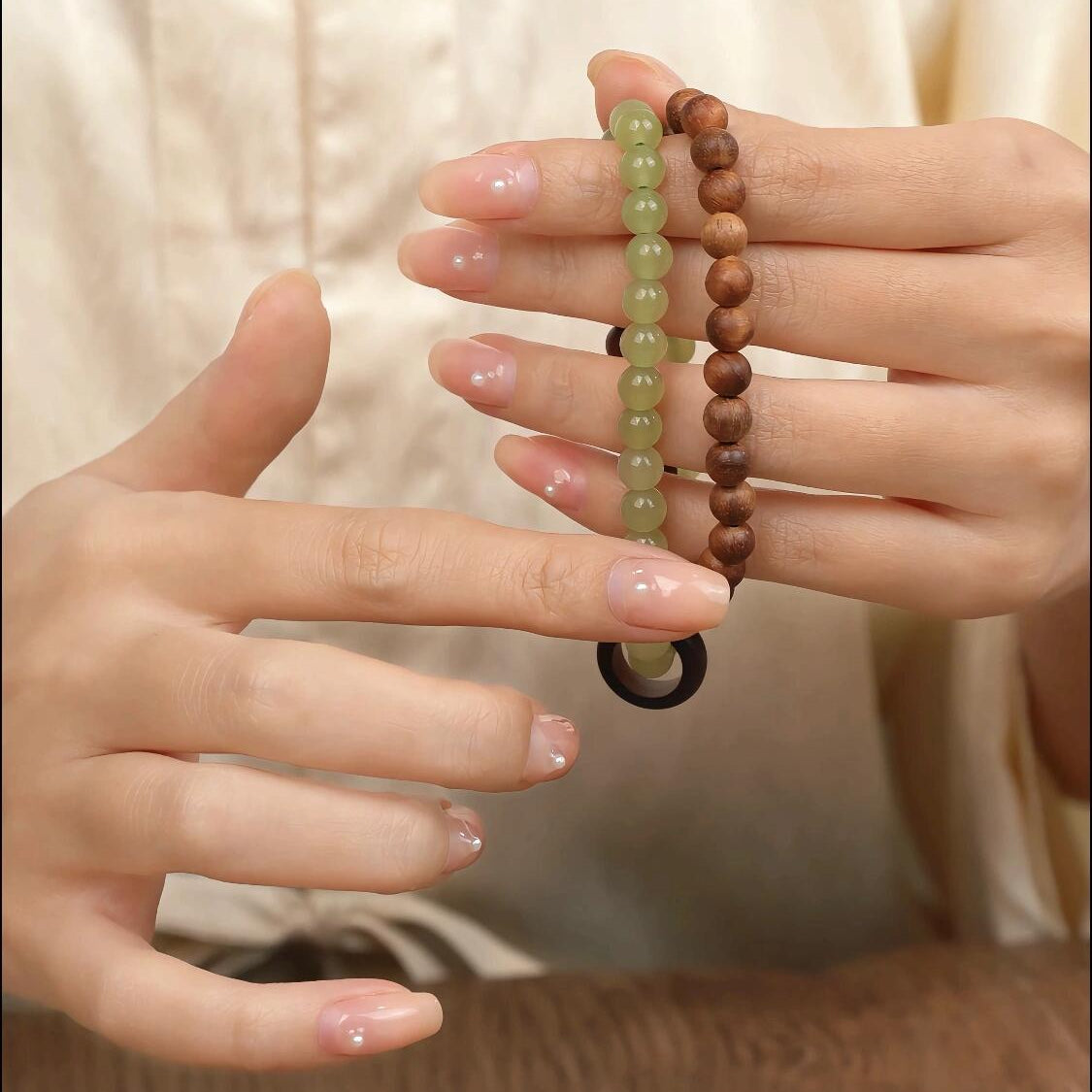 Green Chalcedony & Rosewood 2-Wrap Bracelet with Wooden Donut (Zen Style)