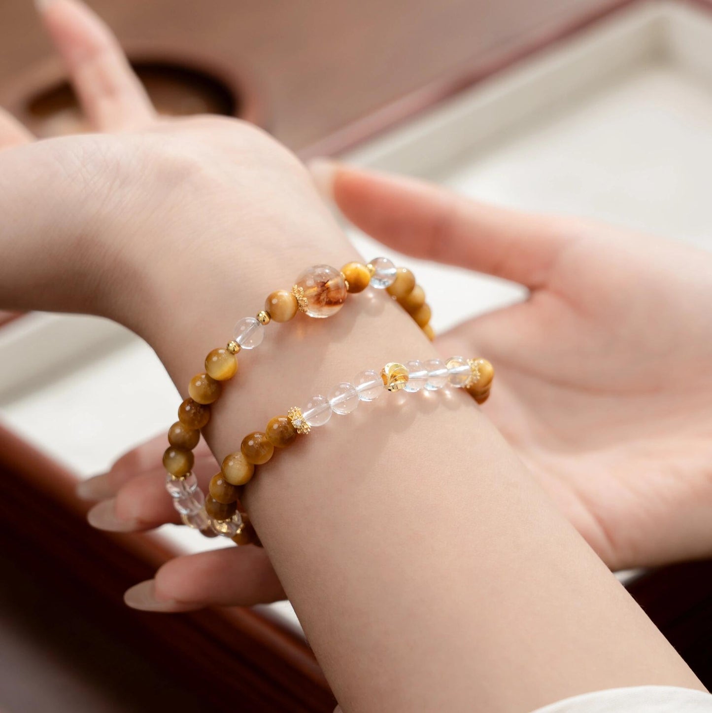 Golden Tiger's Eye & Clear Quartz 2-Wrap Bracelet with Yellow Phantom Focal (Wealth)