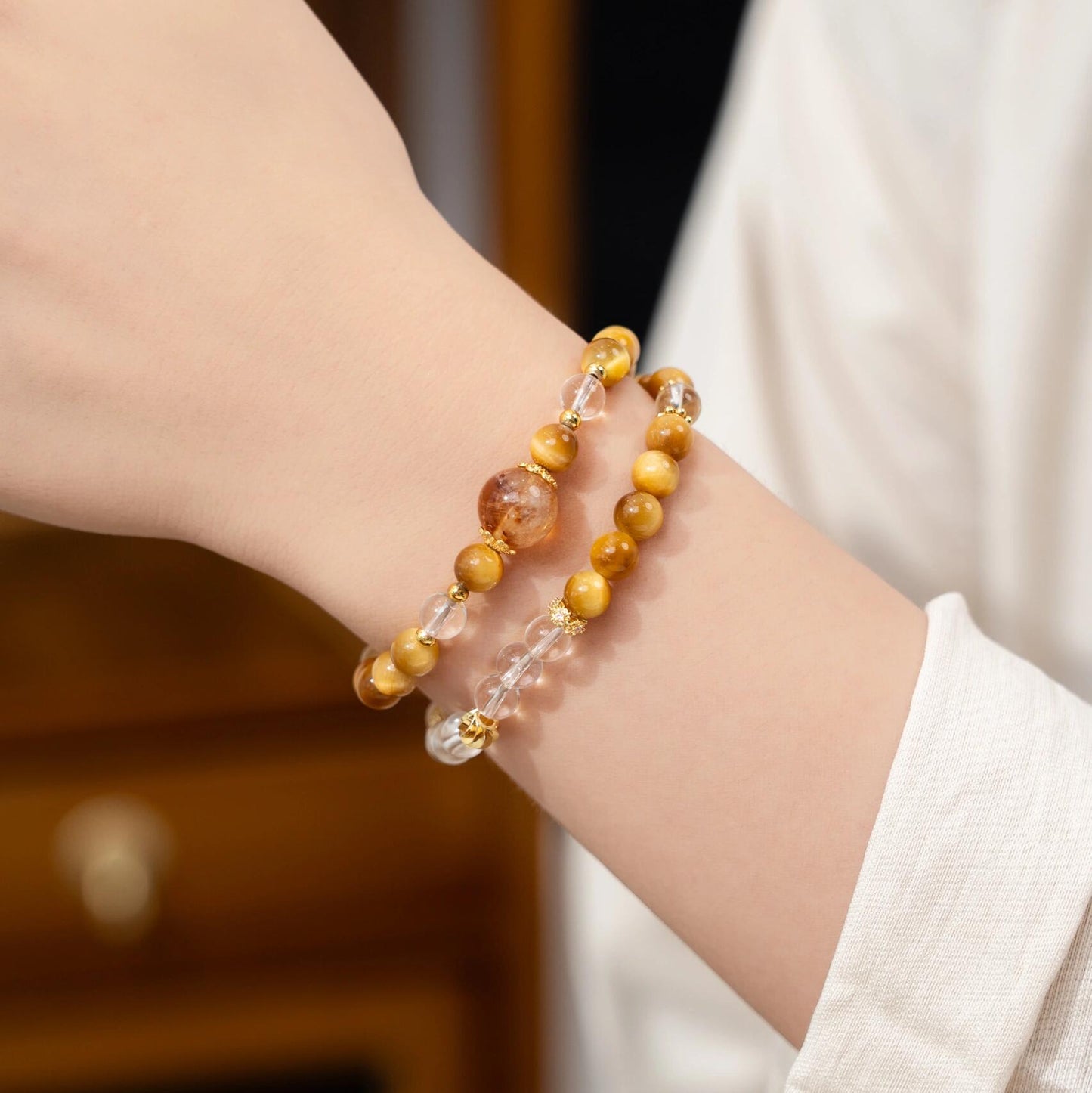 Golden Tiger's Eye & Clear Quartz 2-Wrap Bracelet with Yellow Phantom Focal (Wealth)