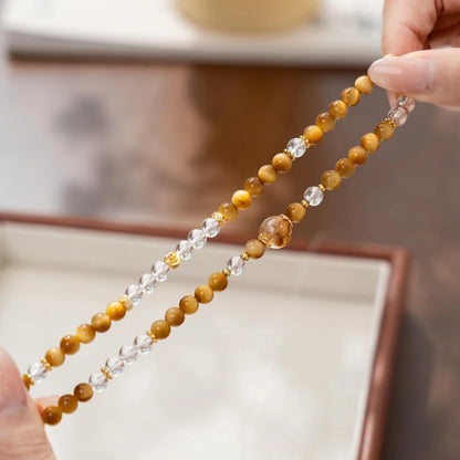 Golden Tiger's Eye & Clear Quartz 2-Wrap Bracelet with Yellow Phantom Focal (Wealth)