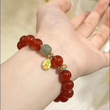 Red Agate Ball Bracelet with Hetian Jade & Gold Fortune Bead (10mm)
