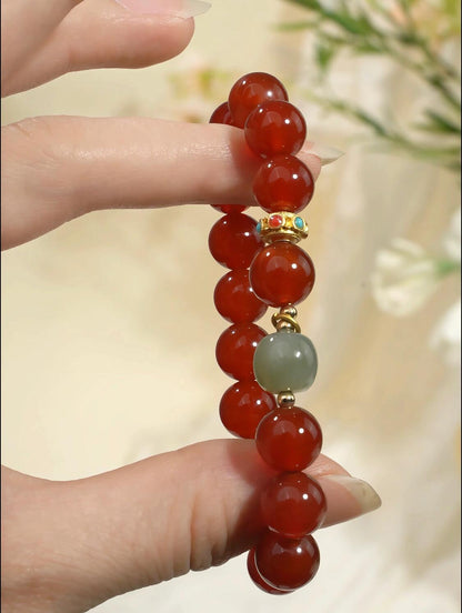 Red Agate Ball Bracelet with Hetian Jade & Gold Fortune Bead (10mm)