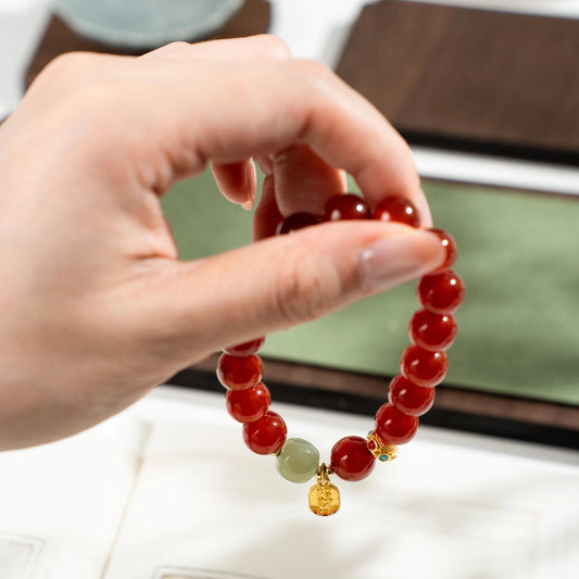 Red Agate Ball Bracelet with Hetian Jade & Gold Fortune Bead (10mm)