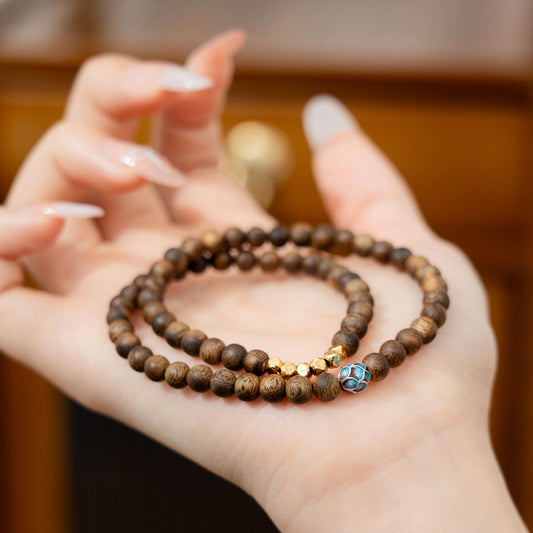 Qinan Agarwood 2-Wrap Bracelet with Gold Vermeil Enamel Lotus (S925 Silver)