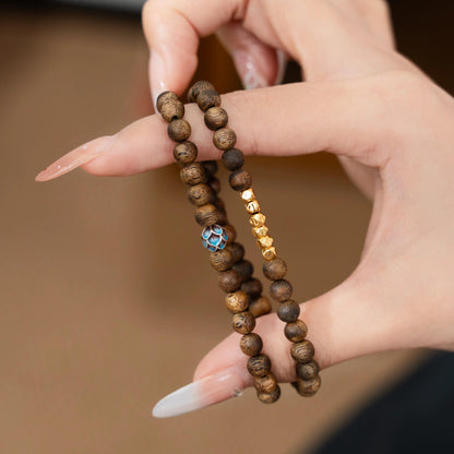 Qinan Agarwood 2-Wrap Bracelet with Gold Vermeil Enamel Lotus (S925 Silver)