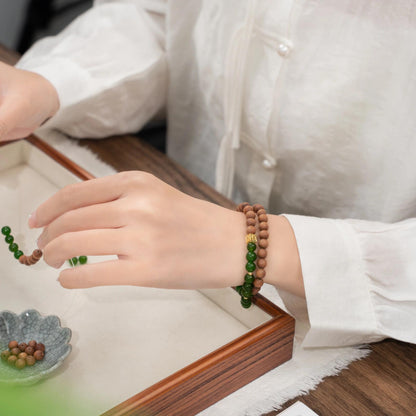 Lao Shan Sandalwood & Green Chalcedony 2-Wrap Bracelet with Enamel Lotus