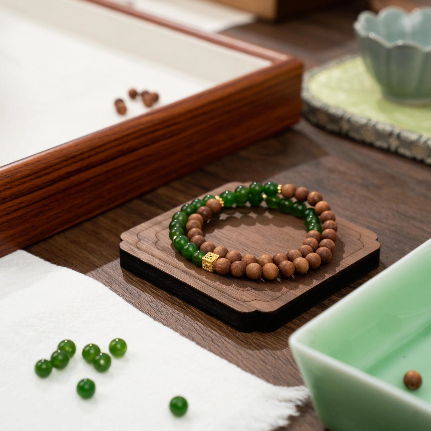 Lao Shan Sandalwood & Green Chalcedony 2-Wrap Bracelet with Enamel Lotus