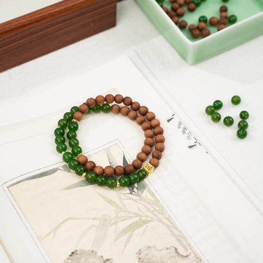 Lao Shan Sandalwood & Green Chalcedony 2-Wrap Bracelet with Enamel Lotus