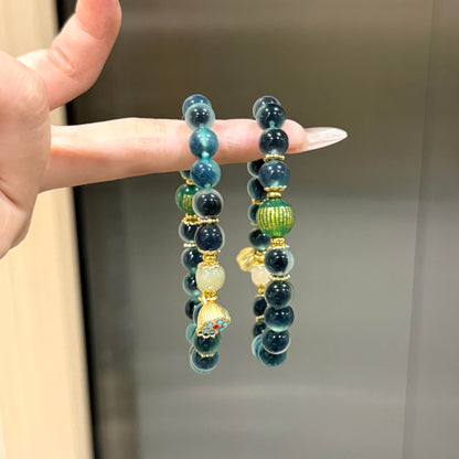 Green Sugar Heart Agate Bracelet with Gold Lotus Pod & Mantra Bead (Dunhuang Style)