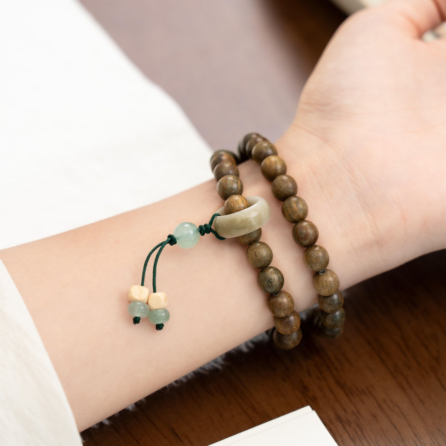 Natural Green Sandalwood 2-Wrap Bracelet with Bodhi Ring (Aromatic)