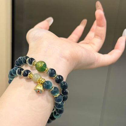Green Sugar Heart Agate Bracelet with Gold Lotus Pod & Mantra Bead (Dunhuang Style)