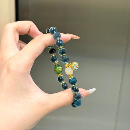 Green Sugar Heart Agate Bracelet with Gold Lotus Pod & Mantra Bead (Dunhuang Style)