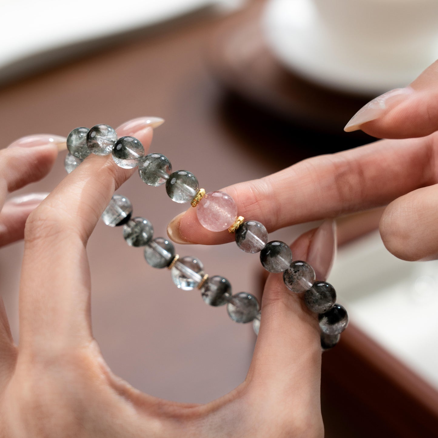 Green Phantom & Strawberry Quartz Bracelet with Faceted Crystal (Wealth & Love)