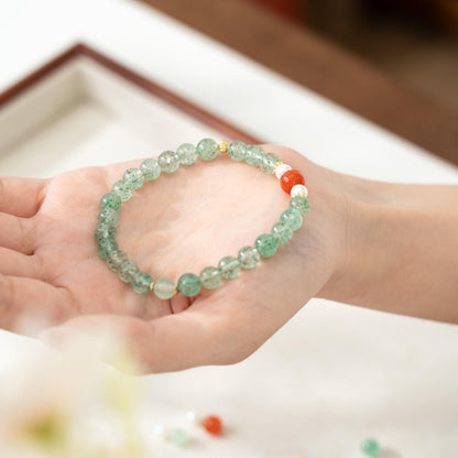 Green Chalcedony Ball Bracelet with Watermelon Red Crystal (8mm)