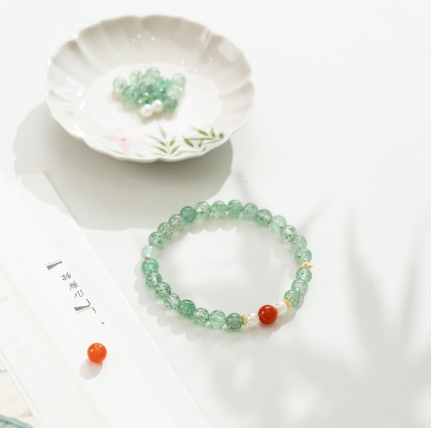 Green Chalcedony Ball Bracelet with Watermelon Red Crystal (8mm)