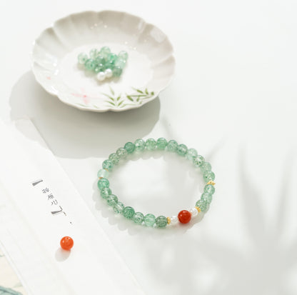 Green Chalcedony Ball Bracelet with Watermelon Red Crystal (8mm)