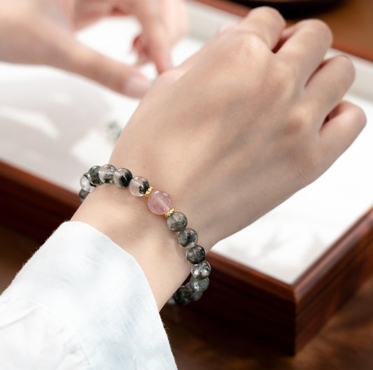 Green Phantom & Strawberry Quartz Bracelet with Faceted Crystal (Wealth & Love)