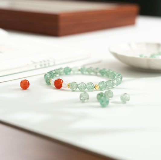 Green Chalcedony Ball Bracelet with Watermelon Red Crystal (8mm)
